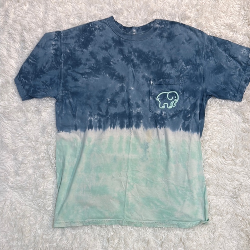 Blue and Green Tie-Dye T-Shirt with Elephant Logo